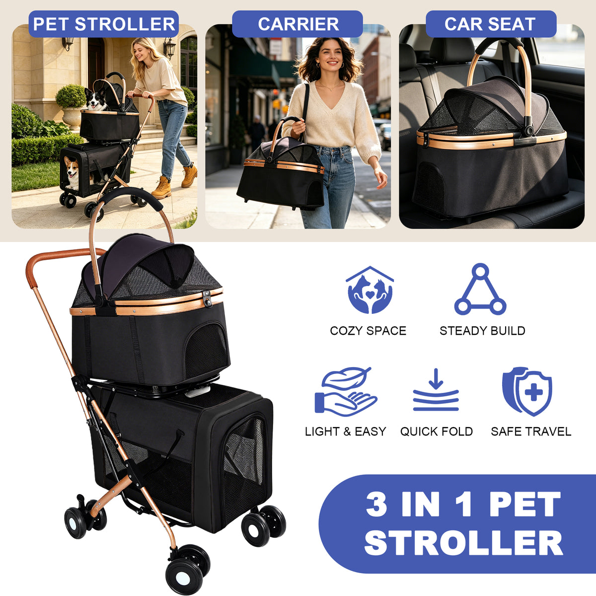 Double Pet Stroller for Dogs and Cats with Convertible Carrier – view 11