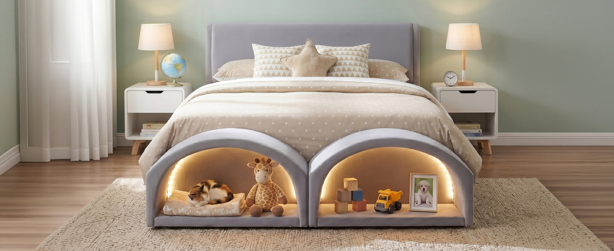 Queen Size Upholstered Platform Bed Frame with Cat Caves – view 13