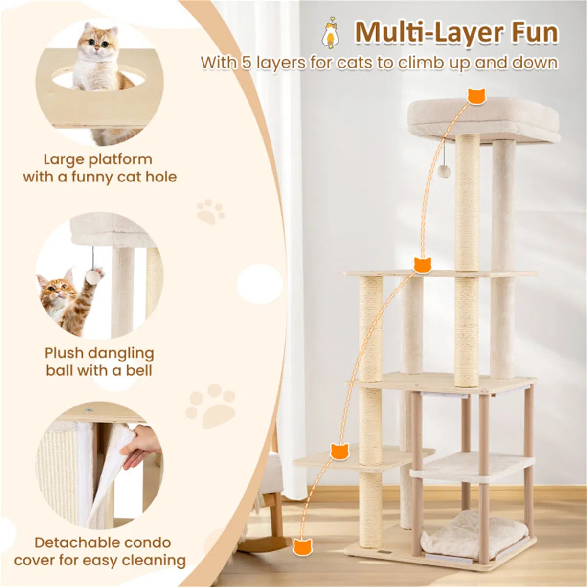 Wooden Cat Tree with 2-Story Condo and Scratching Posts – view 10