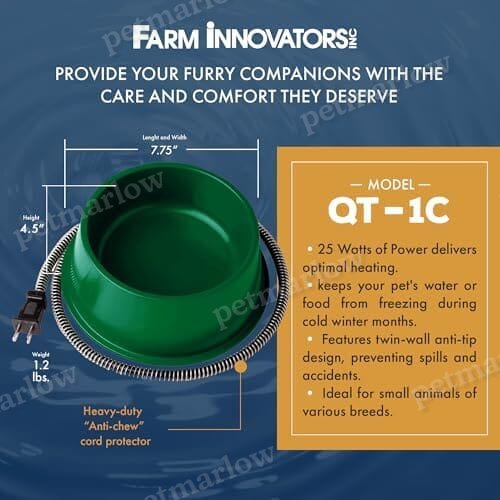 1 Quart 25 Watt Powered Heated Electric Water Bowl with Thermostatic Control and Anti Chew Cord Protector for Pets