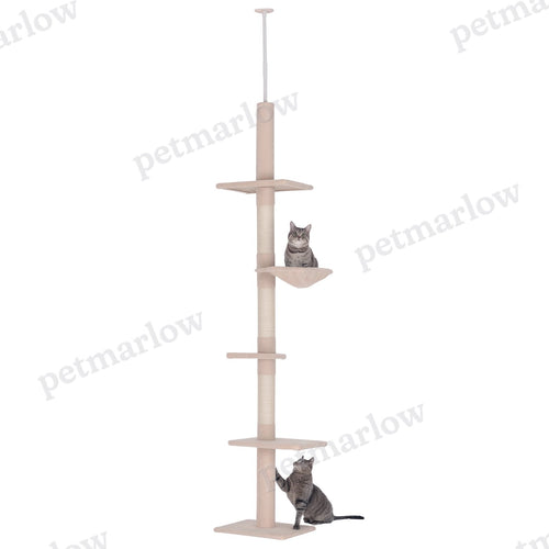 102" Adjustable Height Floor to Ceiling Cat Tree, 5 Level Cat Tower with Scratching Posts, Hammock, Beige