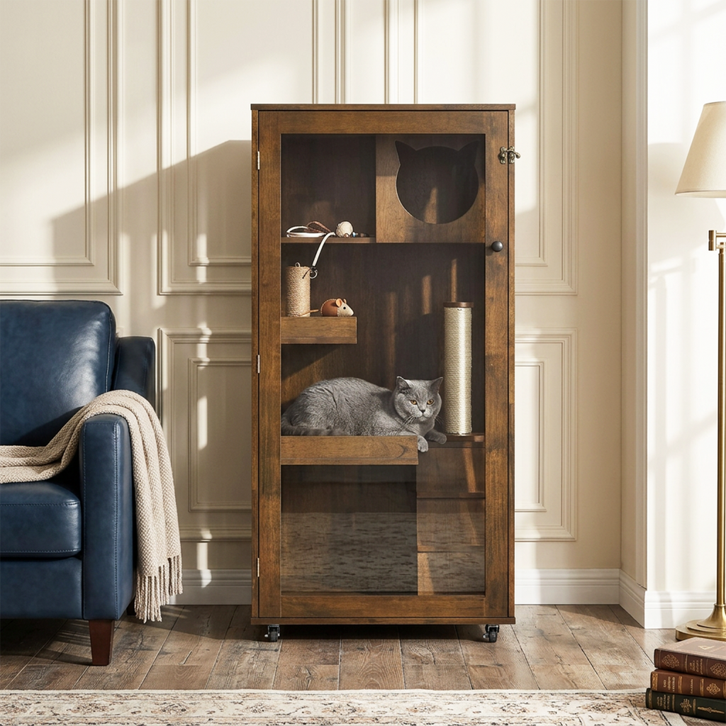 Indoor Rubber Wood Cat Cabinet with Wheels – view 11