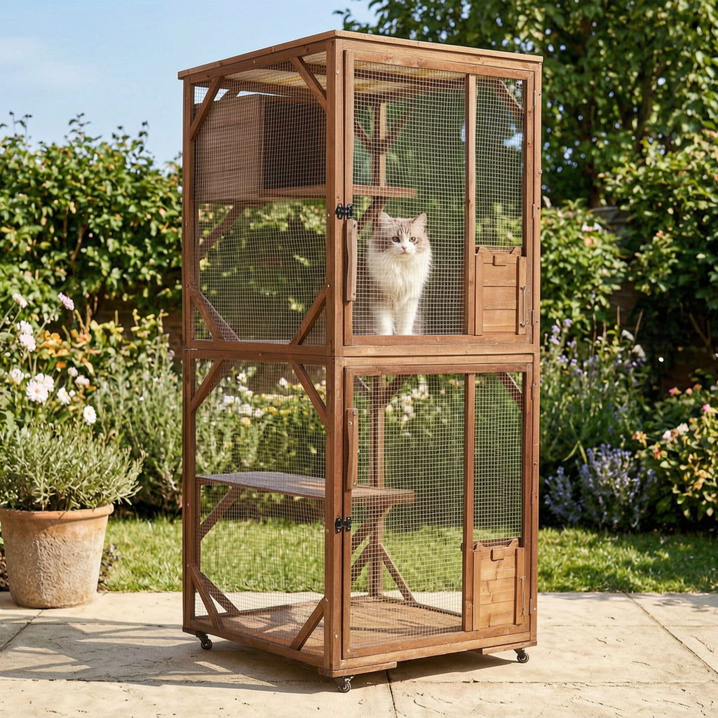 Large 2-Tier Outdoor Wooden Cat Enclosure with Lockable Wheels – view 9