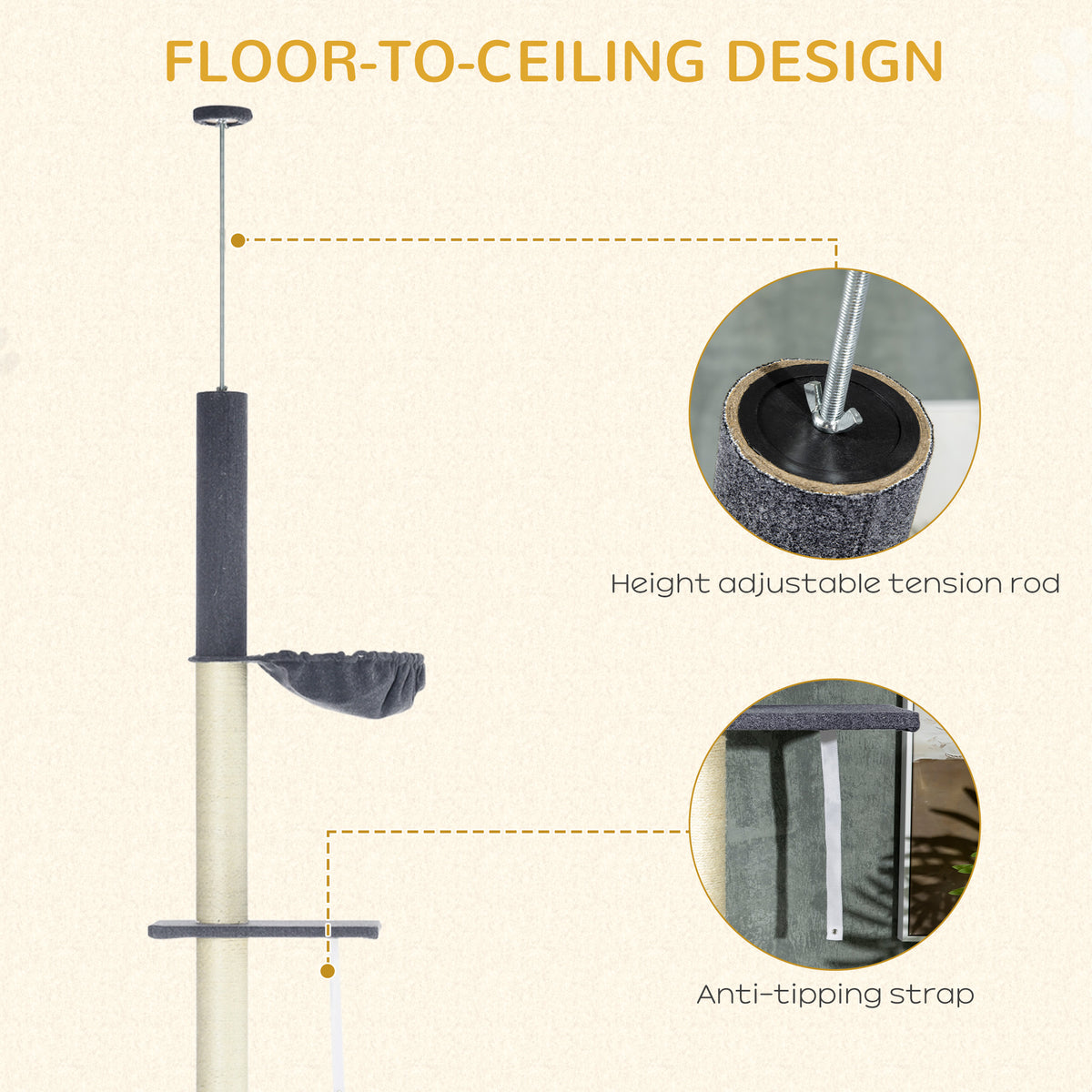 Floor To Ceiling Cat Tree with Adjustable Height and Scratching Areas – view 8