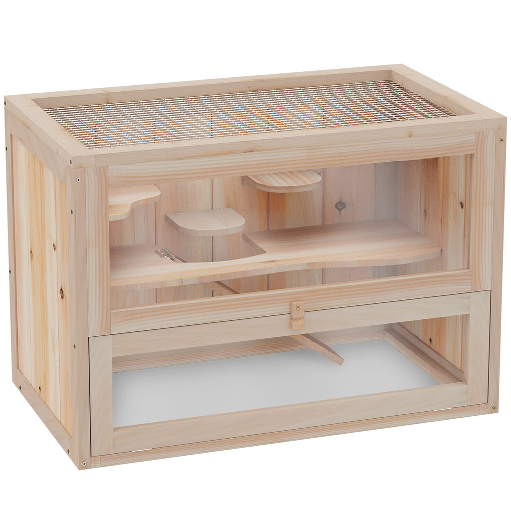 2-Level Hamster Cage for Small Animals with Openable Top – Nature wood / 660x160x455 mm