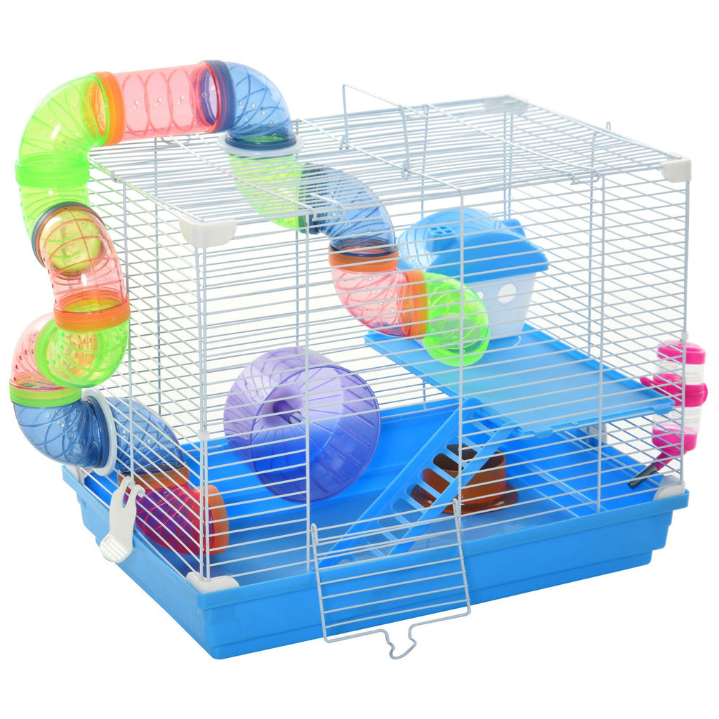 2-Level Hamster Cage with Exercise Wheel and Play Tubes – Blue / 315x125x500 mm