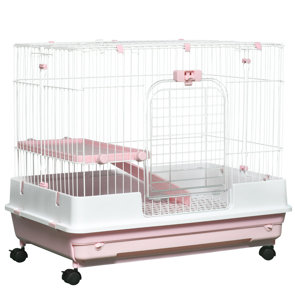 2-Level Small Animal Cage with Wheels for Rabbits and Ferrets – Pink / 864x602x275 mm