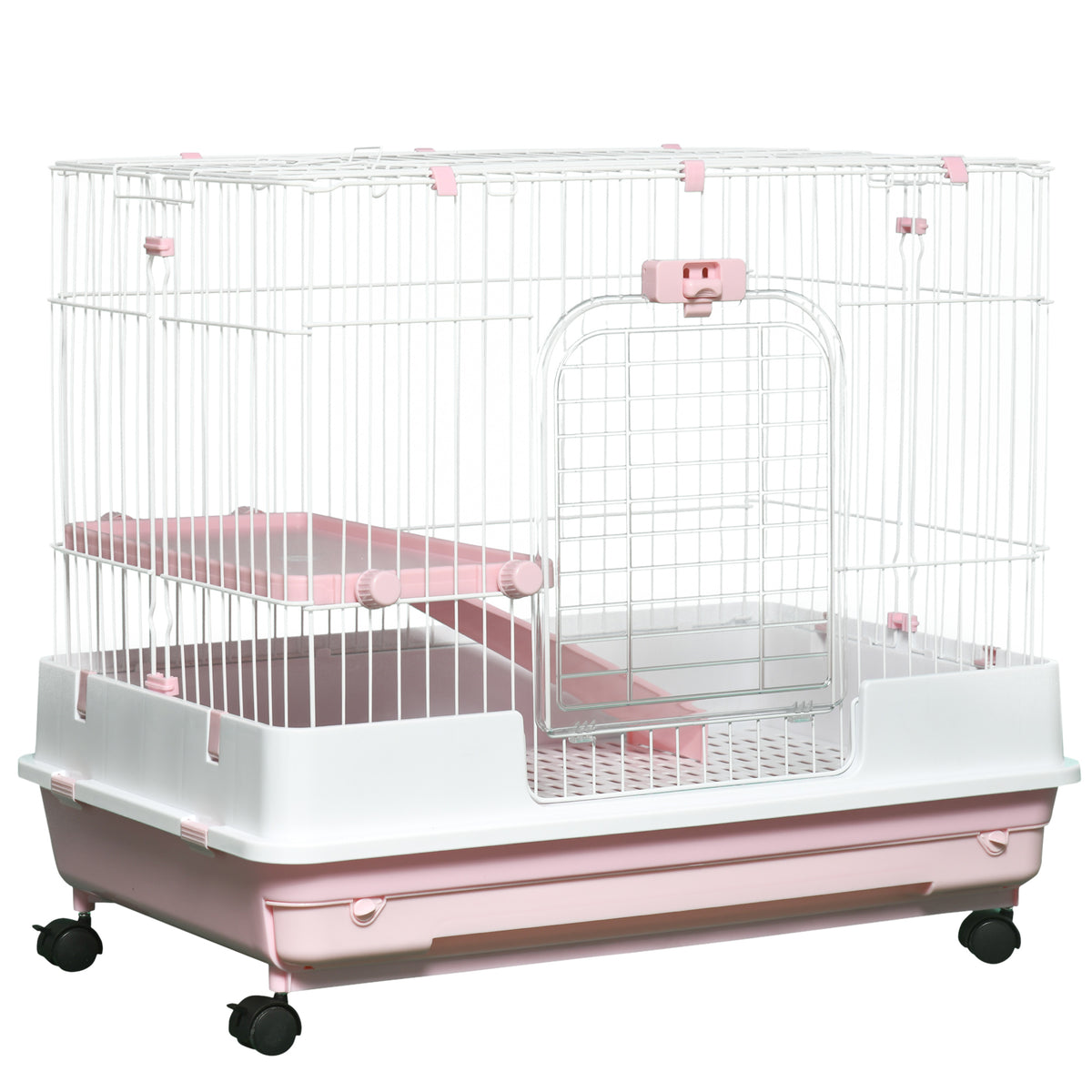 2-Level Small Animal Cage with Wheels for Rabbits and Ferrets – Pink / 864x602x275 mm