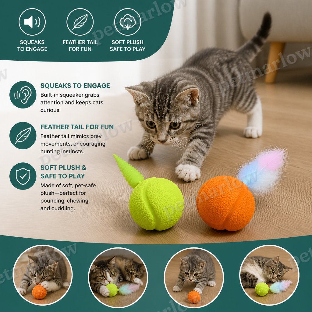 2-Pack Interactive Cat Balls – Plush Feather Tail & Squeaky Sound – view 3