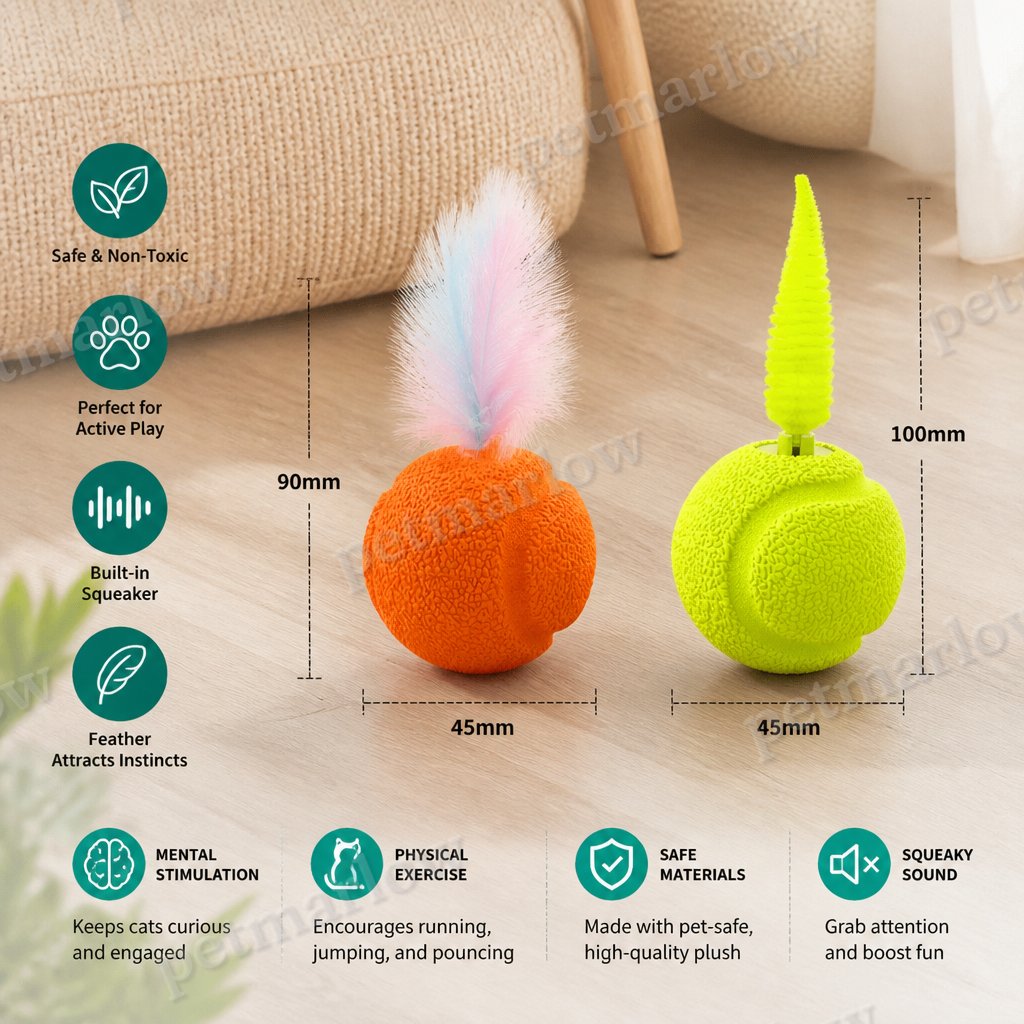 2-Pack Interactive Cat Balls – Plush Feather Tail & Squeaky Sound – view 6