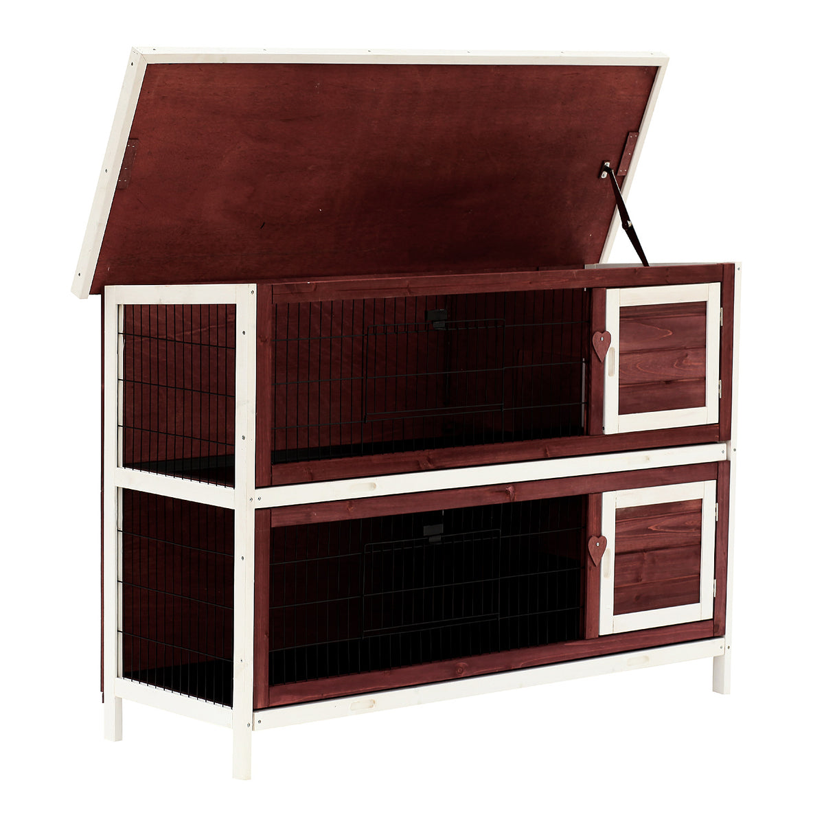 2-Story Elevated Wooden Rabbit Hutch with Enclosed Run – Reddish Brown / 1455x555x210 mm