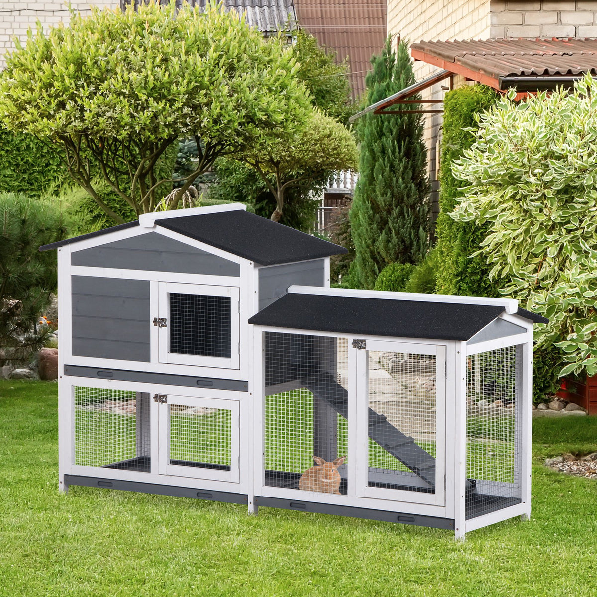 2-Tier Indoor Rabbit Enclosure with Ramp and Run