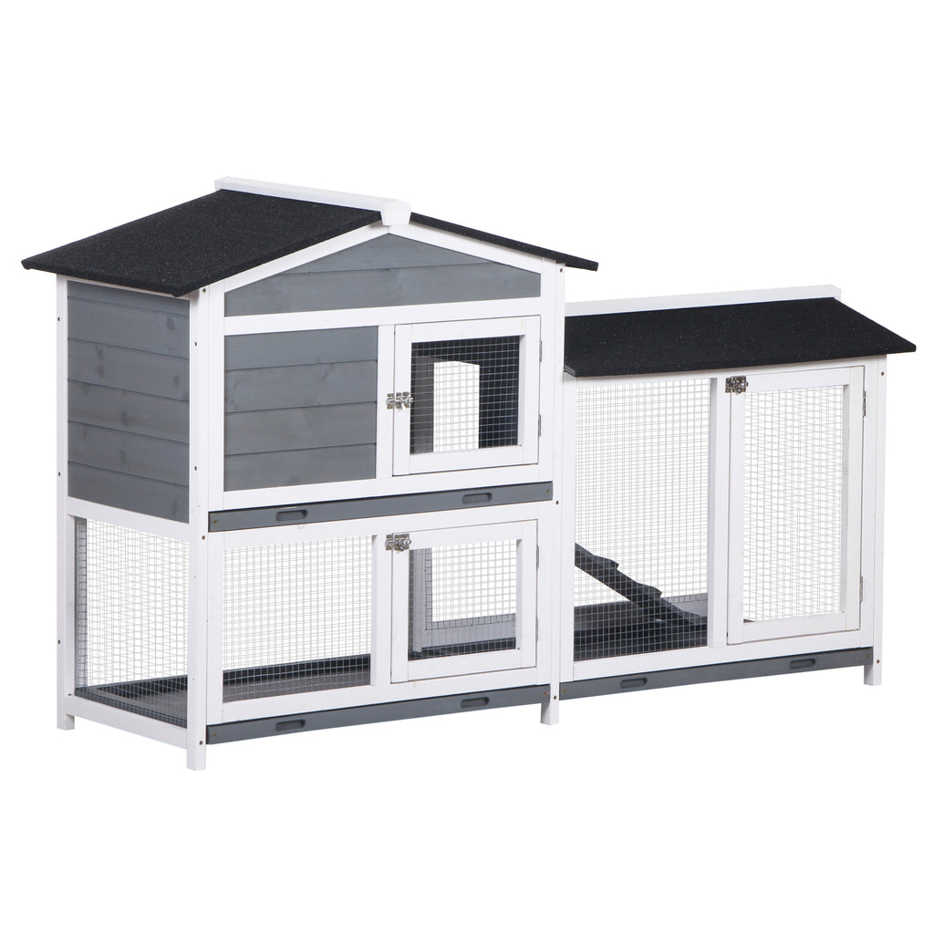 2-Tier Indoor Rabbit Enclosure with Ramp and Run – Grey / 945x240x775 mm