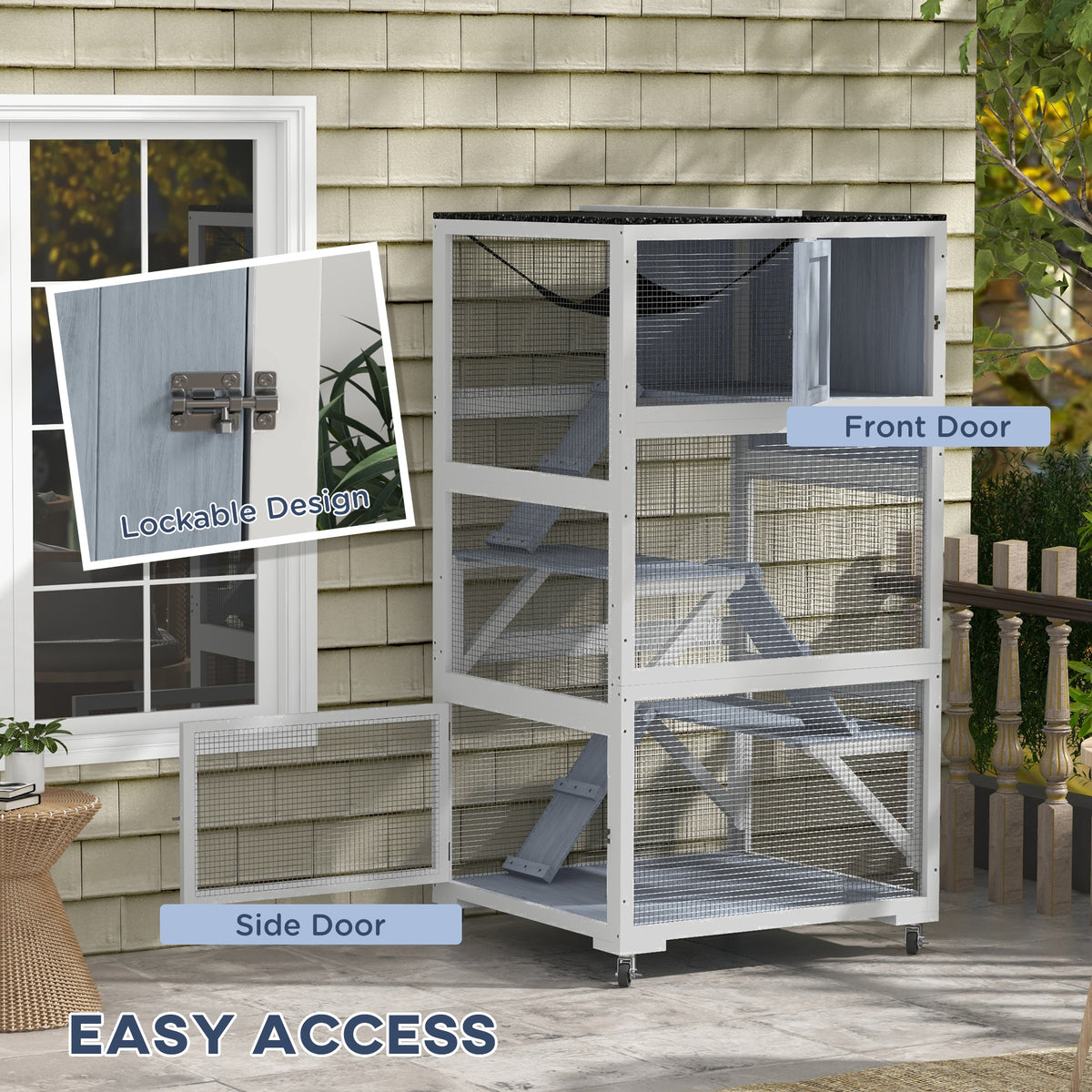 Catio, Outdoor Cat Enclosure House on Wheels with Hammock, Gray – view 9