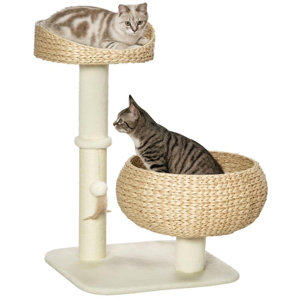 Elevated Cat Bed with Scratching Post for Play and Naps – Beige / 485x485x235 mm