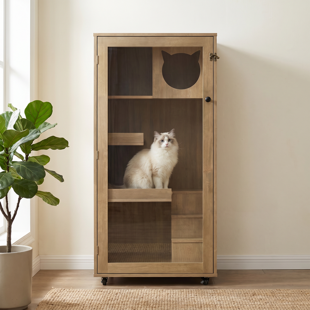 Rubber Wood Cat Cabinet with Wheels for Cats – view 11