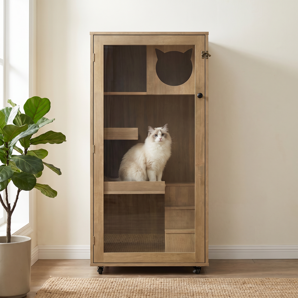 Rubber Wood Cat Cabinet with Wheels for Cats – view 11