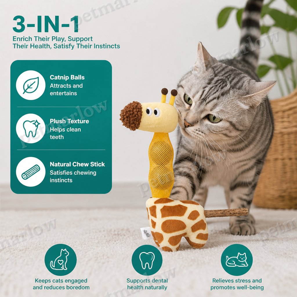 3-in-1 Dental Giraffe Cat Toy – Plush, Catnip Balls & Natural Chew Stick – view 2