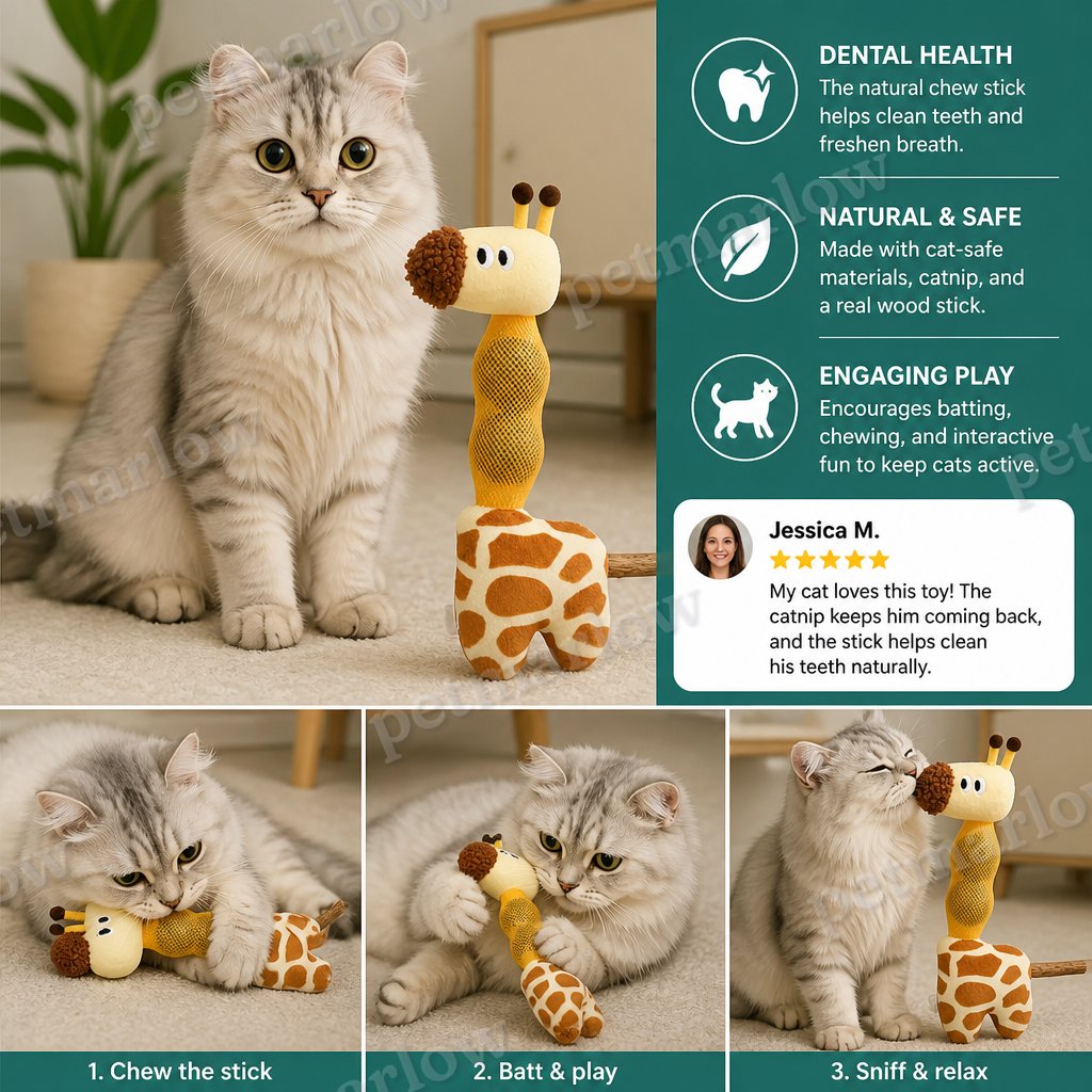 3-in-1 Dental Giraffe Cat Toy – Plush, Catnip Balls & Natural Chew Stick – view 3