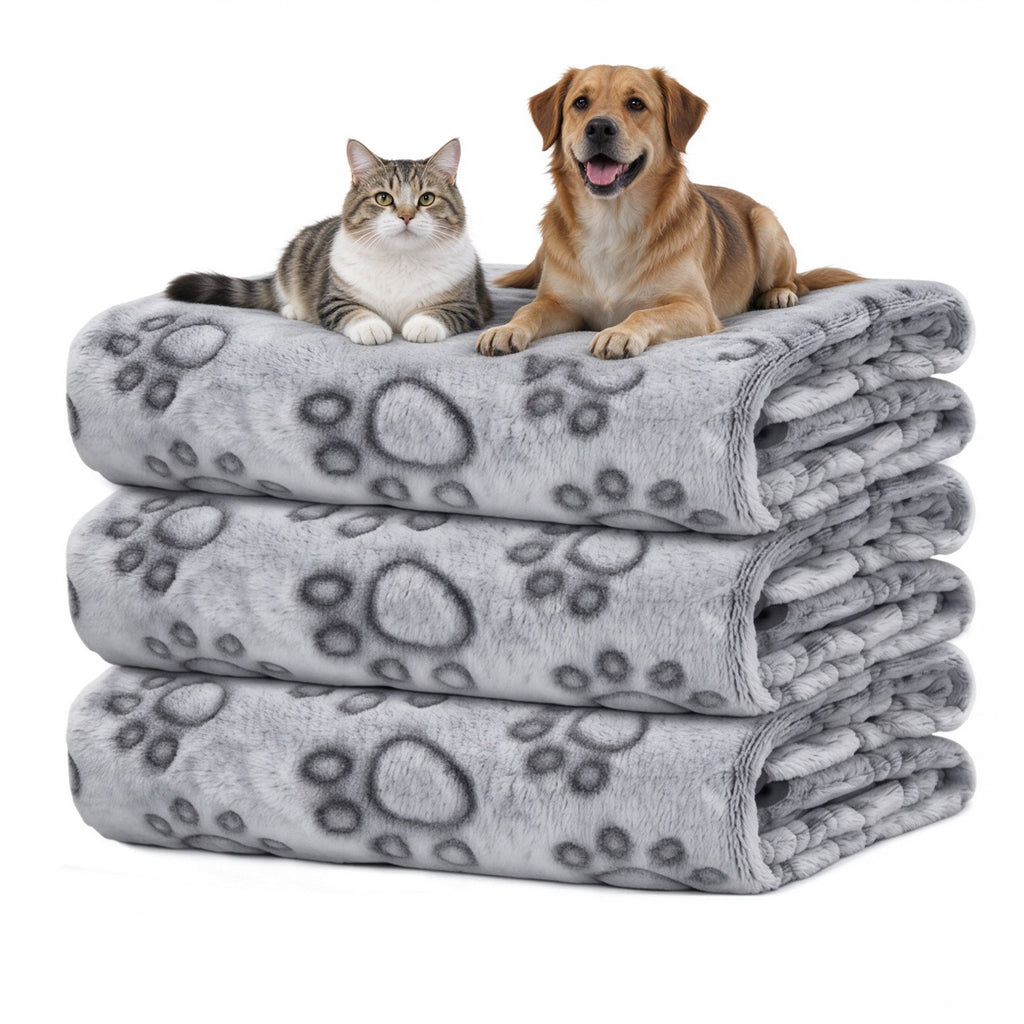 3 Pack Soft Plush Paw Print Dog Blanket