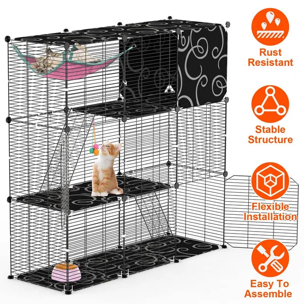 3-Tier Cat Cage Enclosure with Hammock and Toy Ball