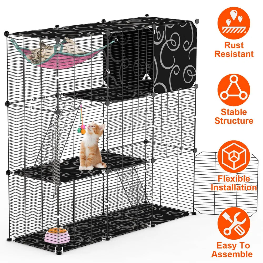 3-Tier Cat Cage Enclosure with Hammock and Toy Ball – Black