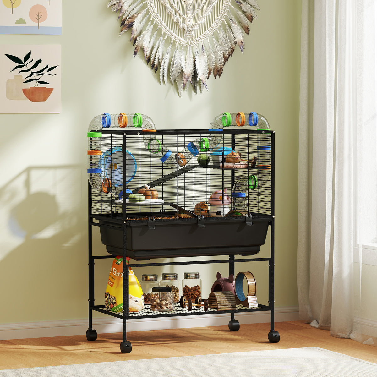 3-Tier Hamster Cage with Exercise Wheel and Storage Shelf