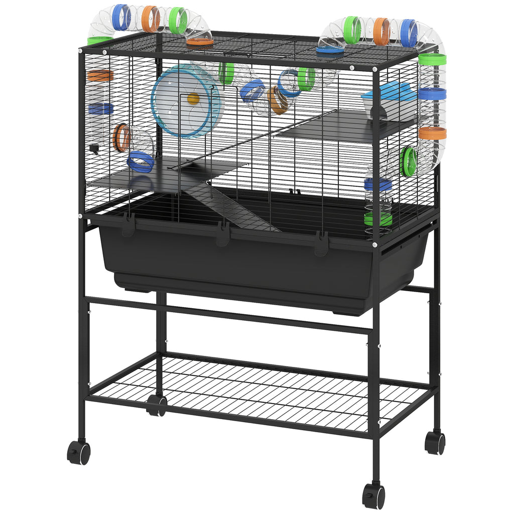 3-Tier Hamster Cage with Exercise Wheel and Storage Shelf – Black / 870x520x290 mm