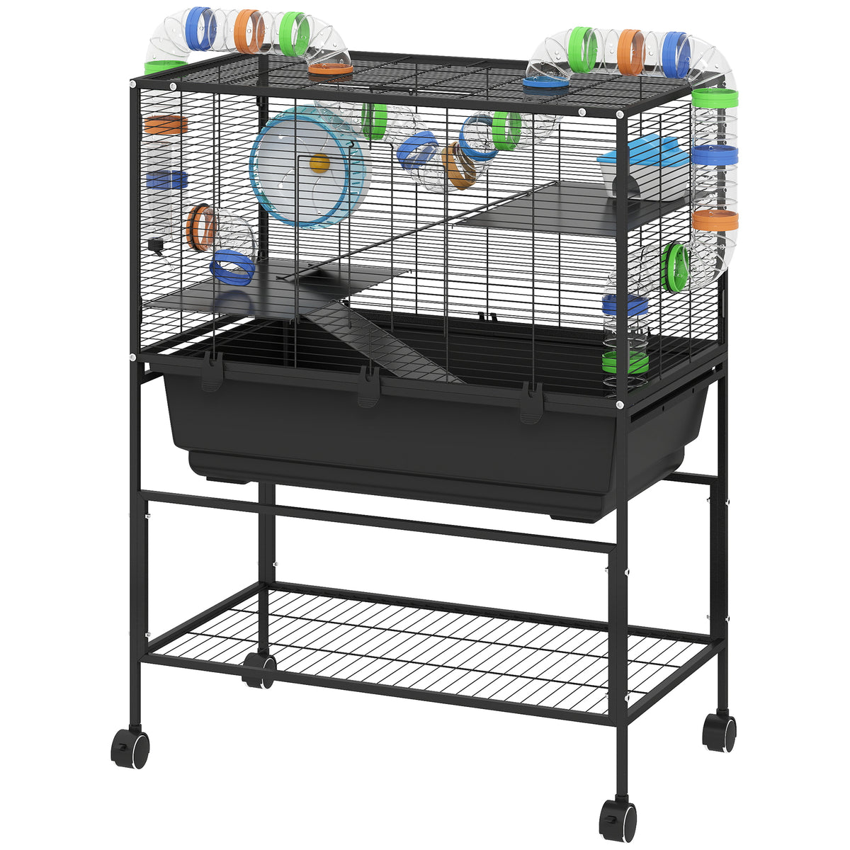 3-Tier Hamster Cage with Exercise Wheel and Storage Shelf – Black / 870x520x290 mm