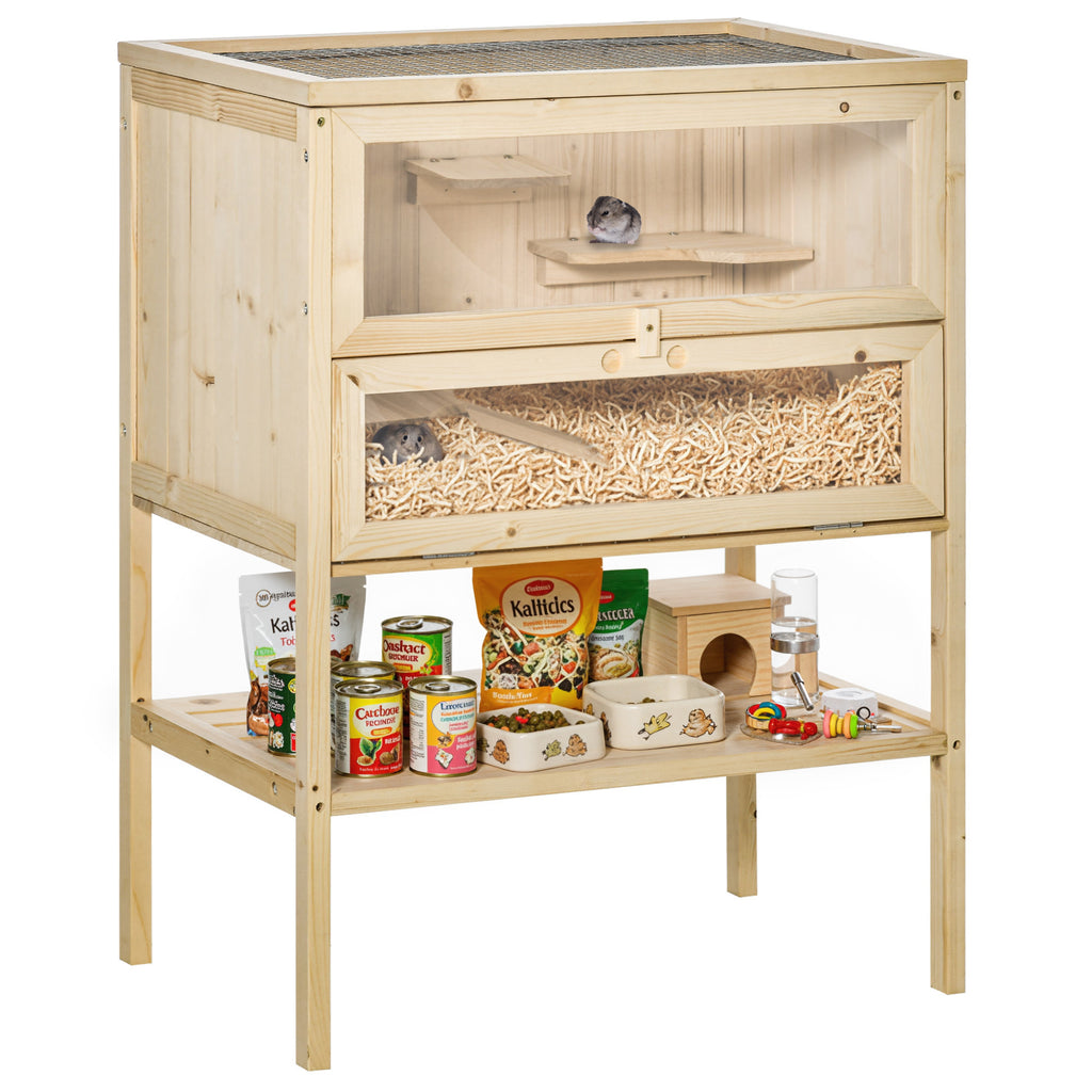 3-Tier Wooden Hamster Cage with Openable Top and Front Door – Natural Wood / 870x465x170 mm