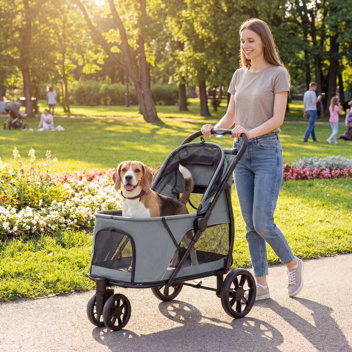 3 Wheel Pet Stroller for Medium Dogs with Easy One-Click Fold