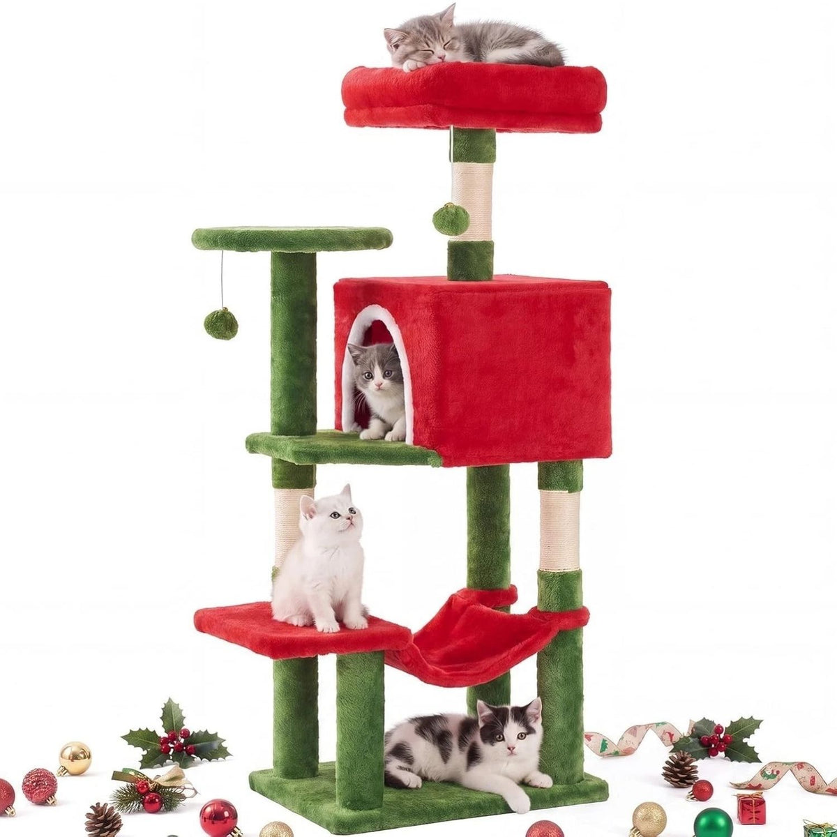 Multi-Level Cat Tower, Cat Tree With Full-Wrapped Sisal Scratching Posts, 2 Condos And Hanging Toy For Multi-Cats And
