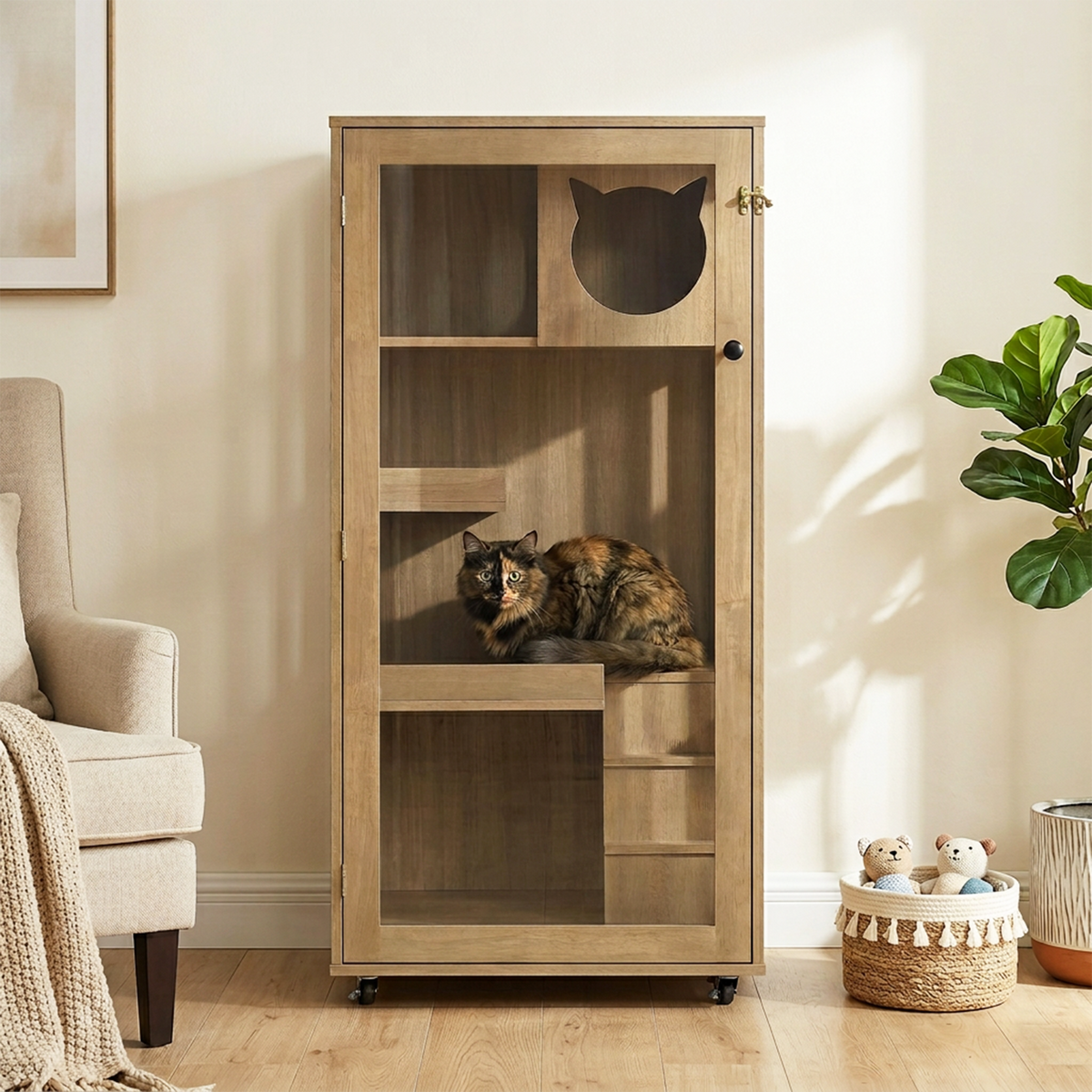 Rubber Wood Cat Cabinet with Wheels for Cats – view 7