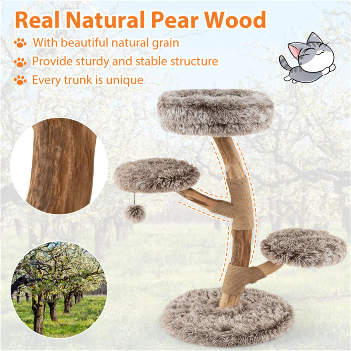 Natural Pear Wood Cat Tree with Plush Levels and Scratching Posts – view 11