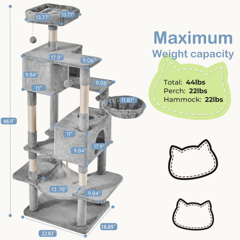 66 Inch Cat Tree Tower with Hammock and Condos – view 10