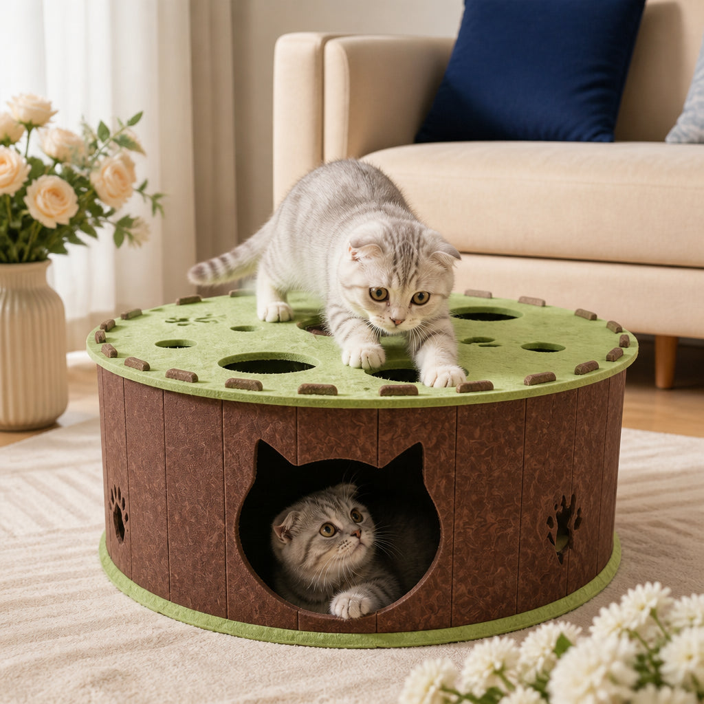 4-in-1 Foldable Cat Tunnel House – Interactive Hideaway, Scratcher & Play Bed – Green-Brown