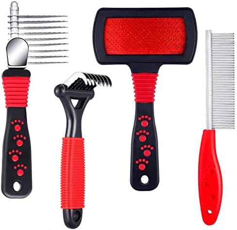 4 Pieces Pet Grooming Kit - Dematting Combs, Slicker Brush, and Steel Comb
