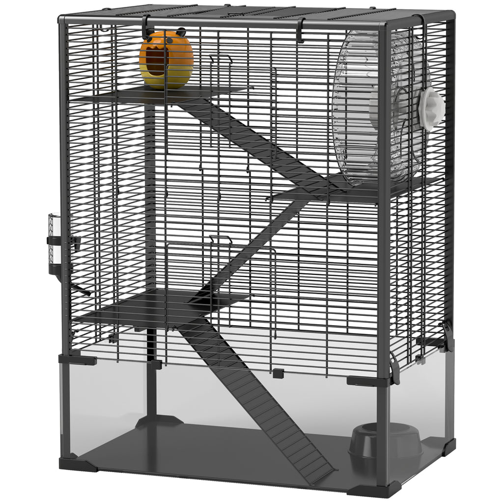 4 Tier Hamster Cage with Glass Bottom and Accessories – Black / 700x500x360 mm