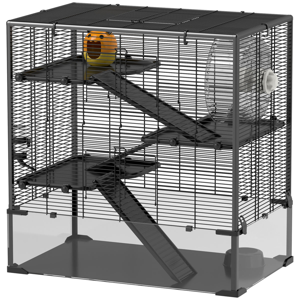 4 Tier Hamster Cage with Glass Bottom and Accessories – Black / 890x585x330 mm