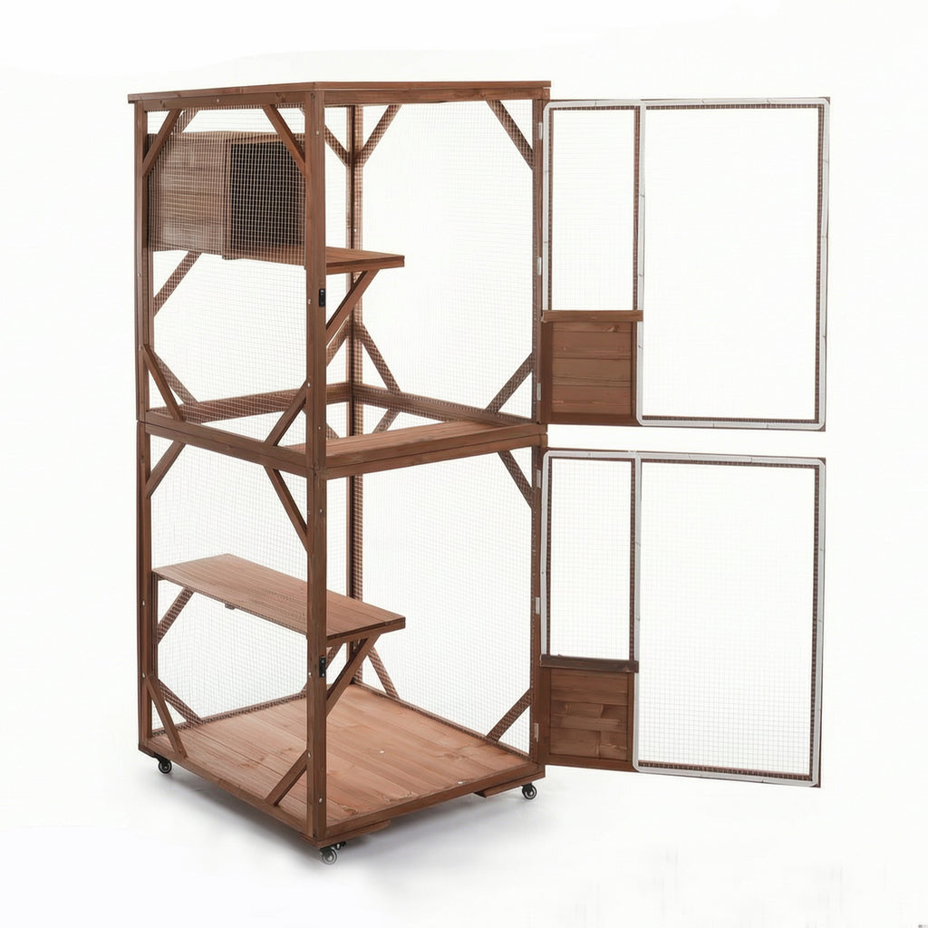 Large 2-Tier Outdoor Wooden Cat Enclosure with Lockable Wheels – view 13