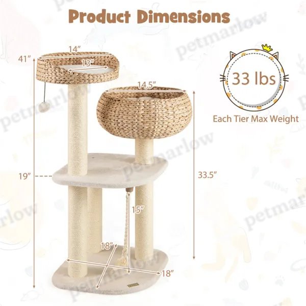 41 Inch Hand-Woven Water Hyacinth Cat Tree – view 3