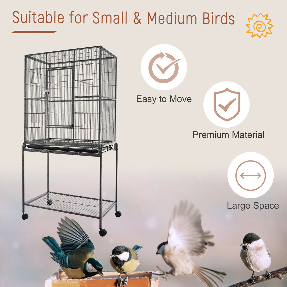 Large Rolling Metal Bird Cage with Detachable Stand and Storage Shelf – view 7