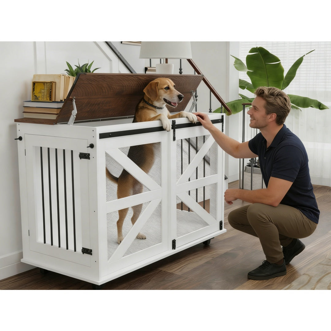 Mobile Dog Crate with Flip-Top Feeding Door