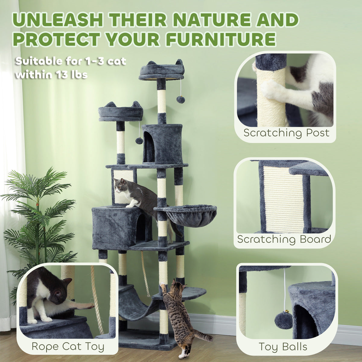 81" Cat Tree with Scratching Posts and Beds – view 8