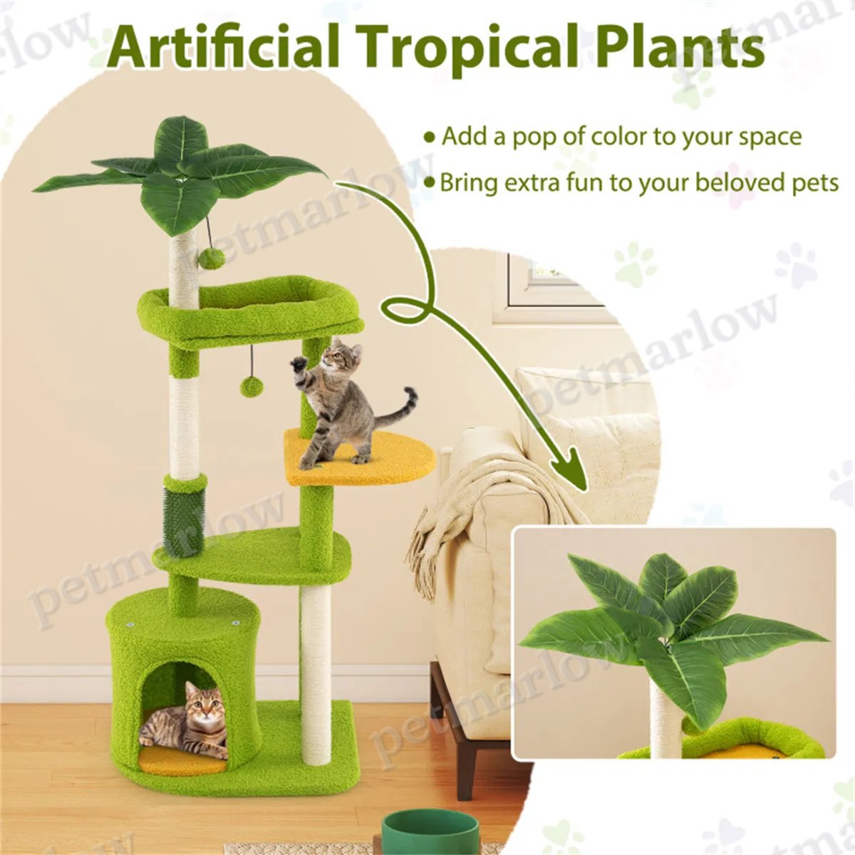 48" Cat Tree with Tropical Leaves for Play and Relaxation – view 4