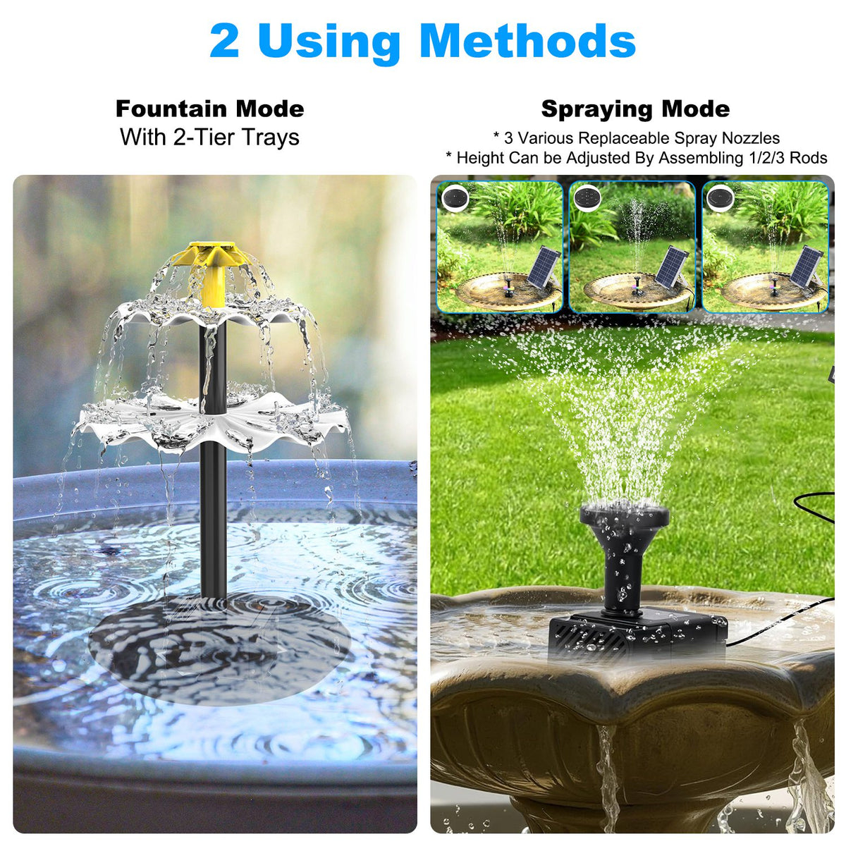 Solar Bird Bath Fountain with Colorful Lights and Nozzles – view 11
