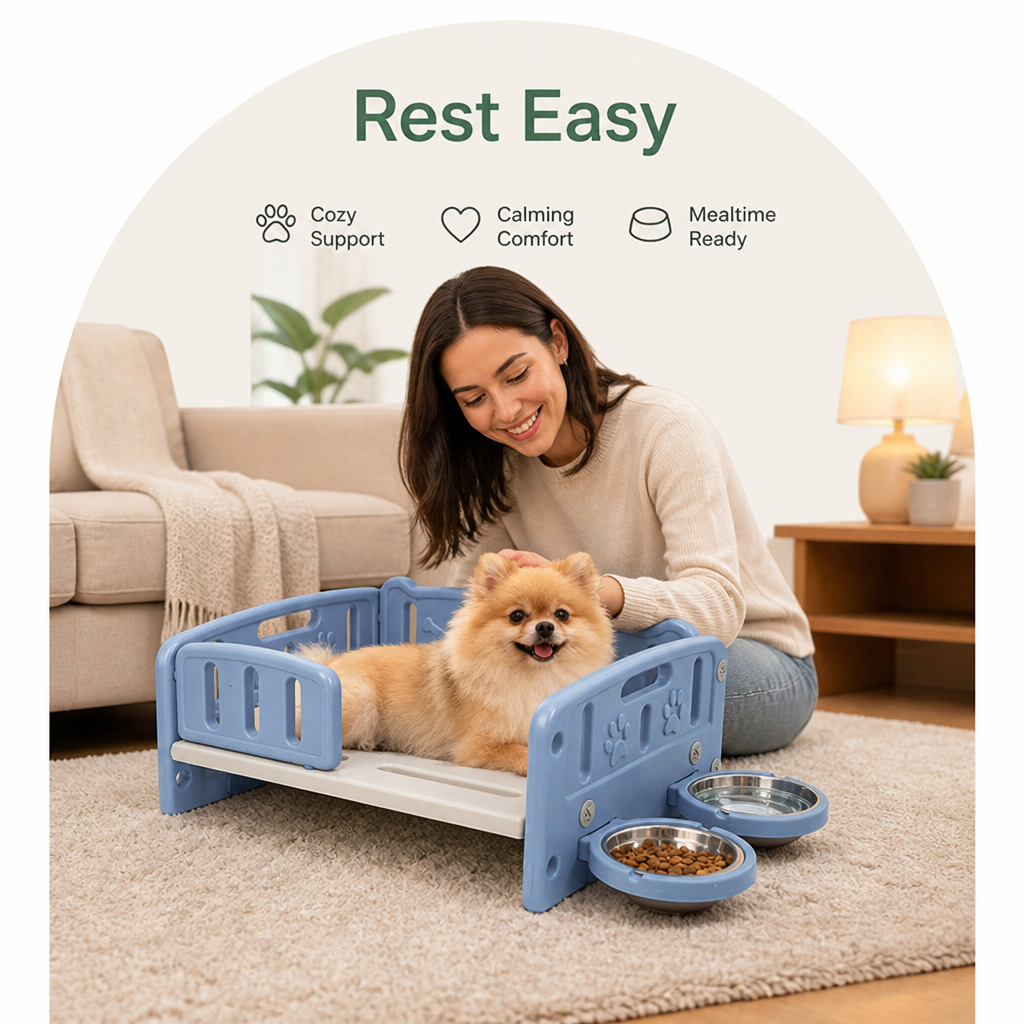 Petmarlow Orthopedic Elevated Entry & Calming Plush Pet Sofa (Includes Bowl) – view 7