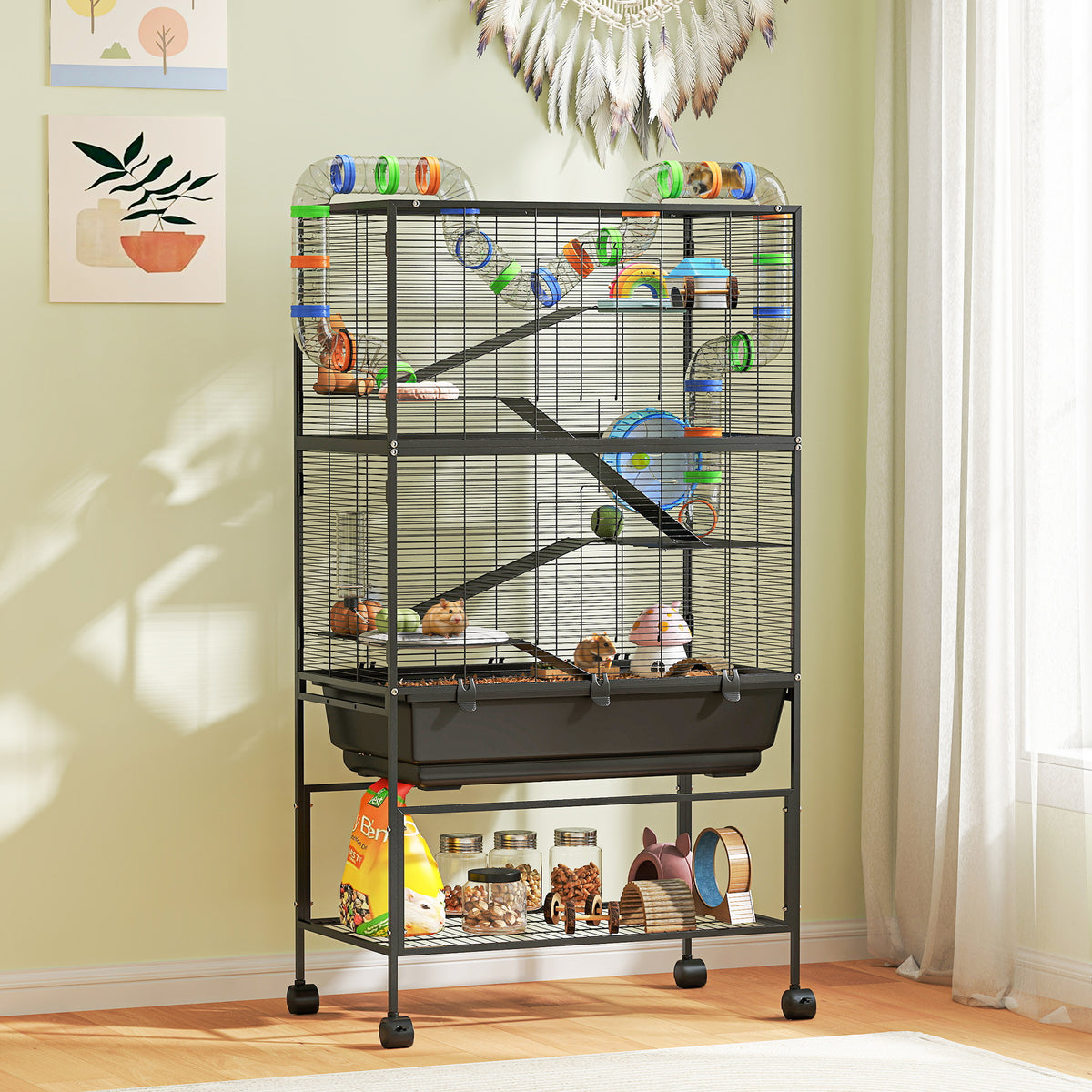 5-Tier Hamster Cage with Exercise Wheel and Storage Shelf