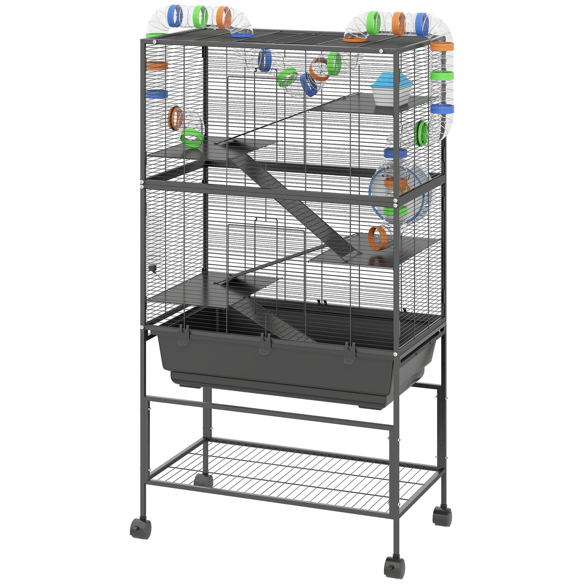 5-Tier Hamster Cage with Exercise Wheel and Storage Shelf – Black / 870x520x330 mm