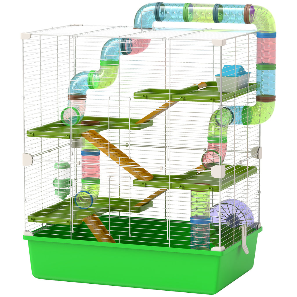 5-Tier Hamster Cage with Wheel and Water Bottle – Green / 620x170x380 mm